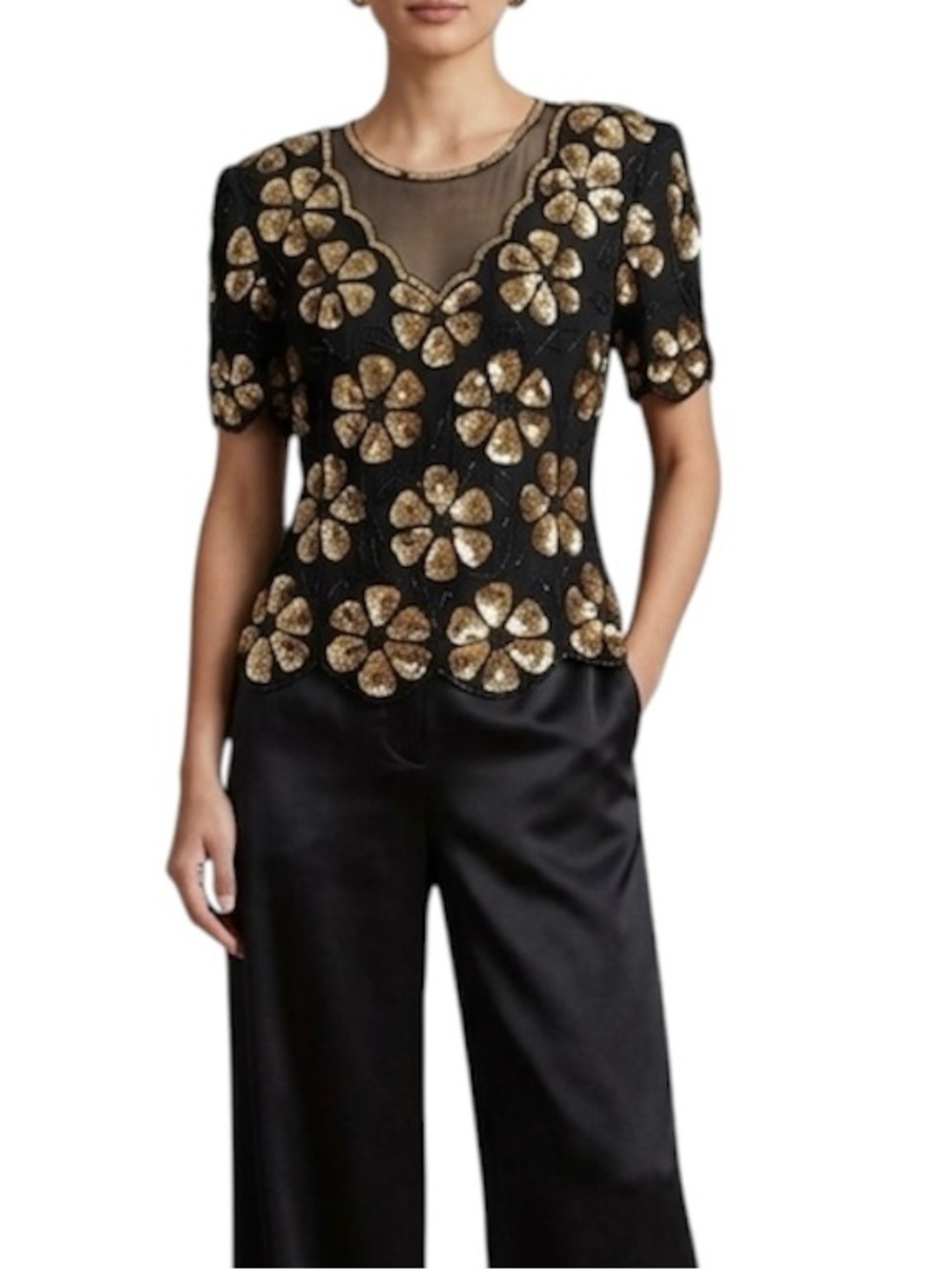 Vintage 80s Black Gold Sequin Beaded Top M Zip Back Floral Design Bling Formal